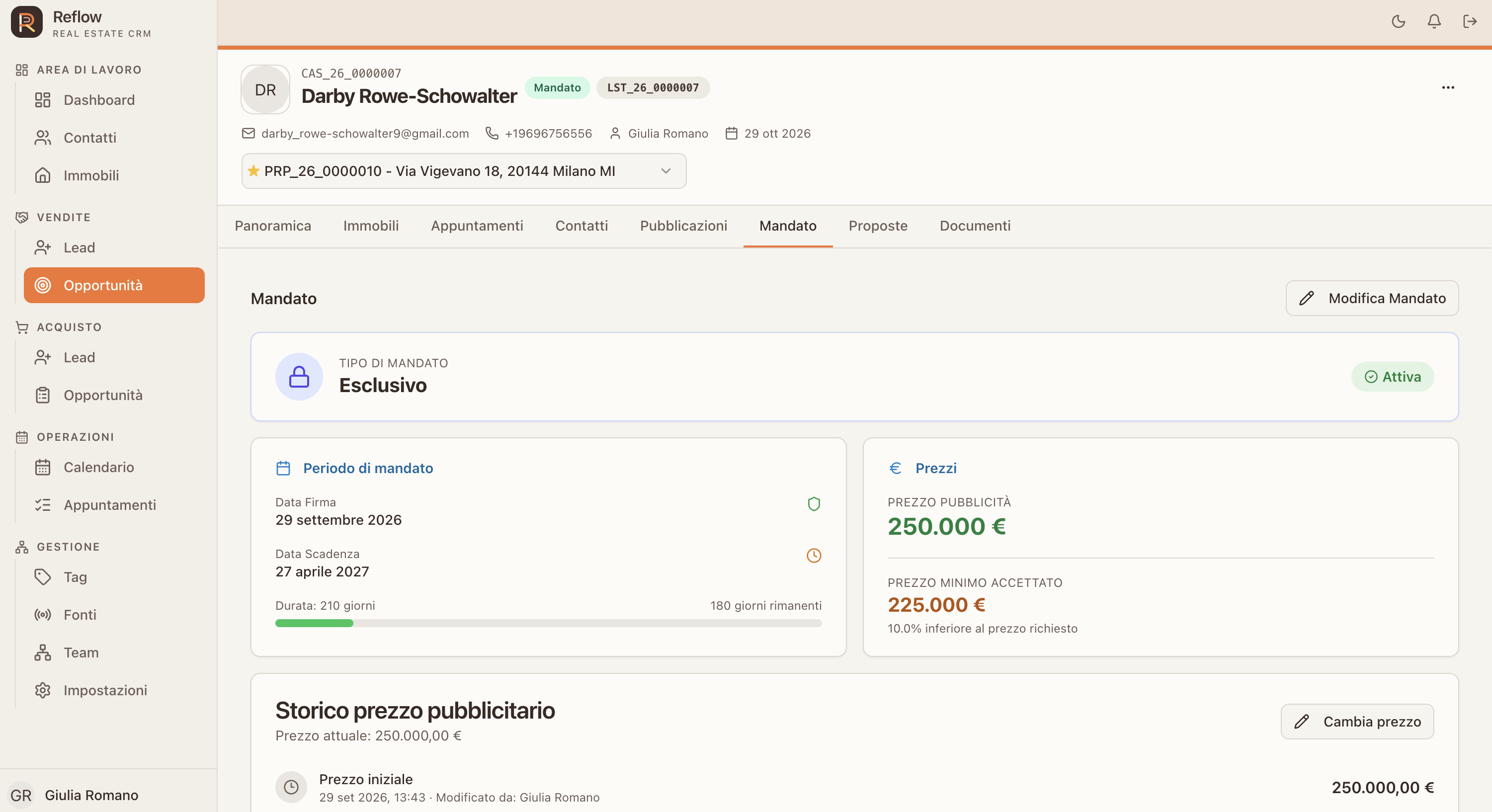 MANDATO DI VENDITA: Consulta tipologia e validità del mandato, prezzo pubblicitario, soglia minima accettata e storico delle variazioni.