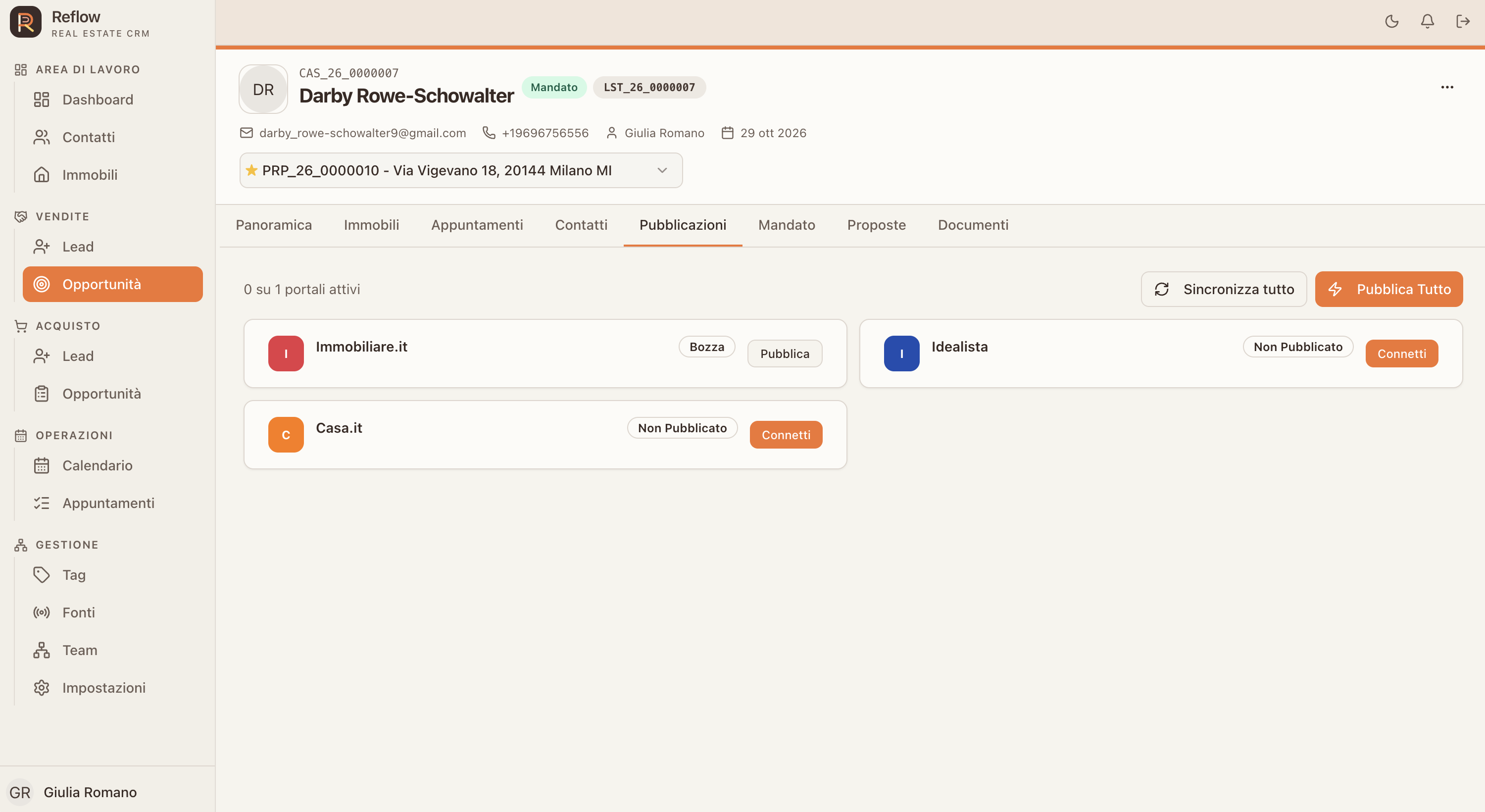 PUBBLICAZIONE SUI PORTALI: Gestisci la pubblicazione degli immobili da Reflow: collega i portali, pubblica gli annunci e sincronizza gli aggiornamenti mantenendo il controllo sullo stato.