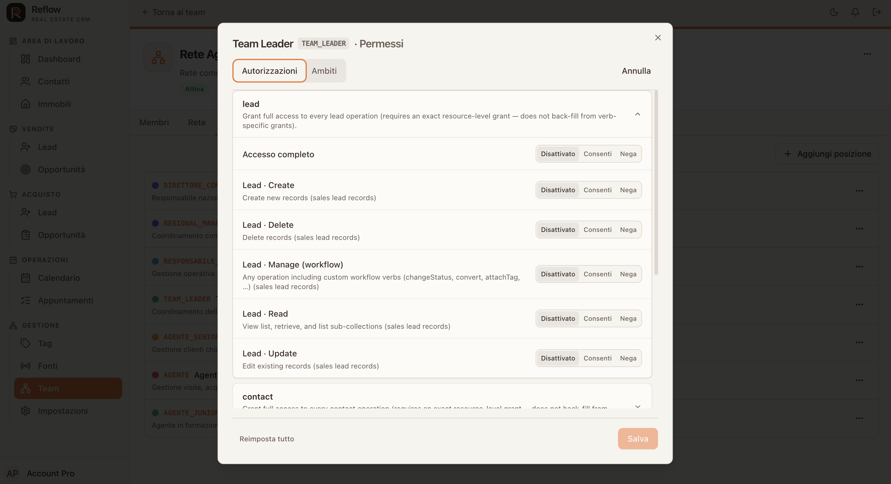 PERMESSI OPERATIVI: Configura per ruolo i permessi di lettura, creazione, modifica e gestione delle risorse, oltre agli ambiti applicabili.