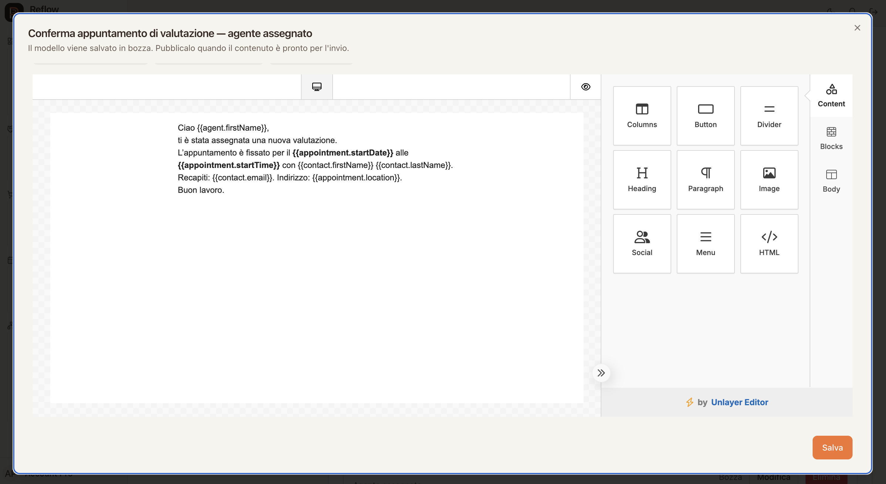 EMAIL AUTOMATICHE: Crea modelli email legati agli eventi del CRM. Personalizza destinatari e contenuti con segnaposto, invia una prova e attiva il modello quando è pronto.